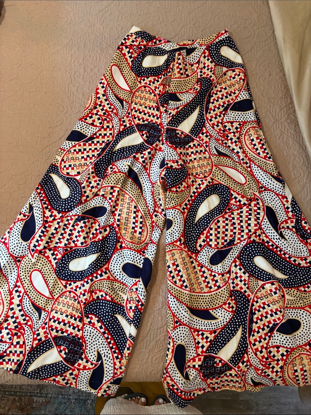 VINTAGE HANDMADE Printed Palazzo Pants in Navy, Red & Cream